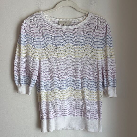 LOFT Striped Pointelle Puff Sleeve Sweater Tee knit Women Pastel Wave Sweater M - Picture 1 of 8